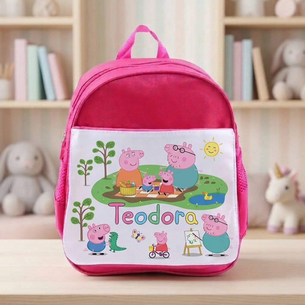 Ghiozdan roz personalizat cu nume – Familia Peppa la picnic