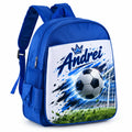 Ghiozdan albastru personalizat cu nume – Minge de fotbal în mișcare și poartă