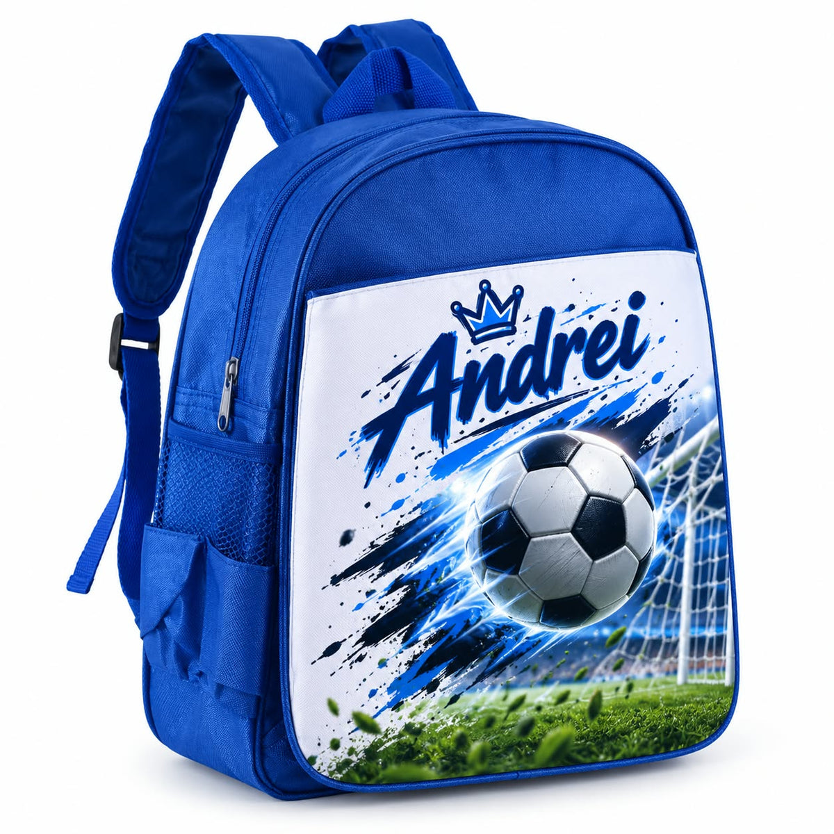 Ghiozdan albastru personalizat cu nume – Minge de fotbal în mișcare și poartă