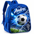 Ghiozdan albastru personalizat cu nume – Fotbal pe stadion, Play Football Dream Big