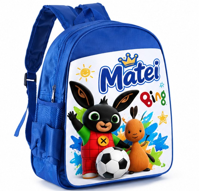 Ghiozdan albastru personalizat cu nume – Bing și Flop cu minge de fotbal