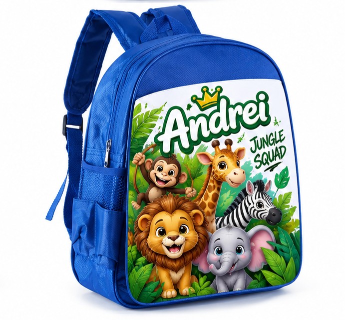 Ghiozdan albastru personalizat cu nume – Animăluțe, Jungle Squad