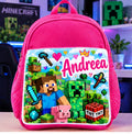 Ghiozdan roz personalizat cu nume – Minecraft cu Steve, Creeper și purceluș