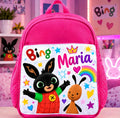 Ghiozdan roz personalizat cu nume – Bing și Flop cu curcubeu și steluțe