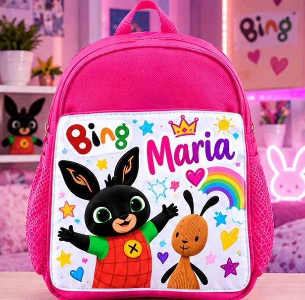 Ghiozdan roz personalizat cu nume – Bing și Flop cu curcubeu și steluțe
