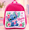 Ghiozdan roz personalizat cu nume – Stitch cu inimă și floare la ureche