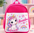Ghiozdan roz personalizat cu nume – Unicorn cu flori și curcubeu