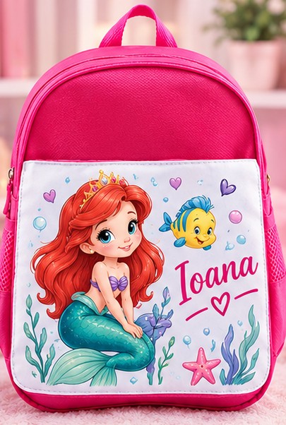 Ghiozdan roz personalizat cu nume – Sirenă cu coroană și peștișor galben