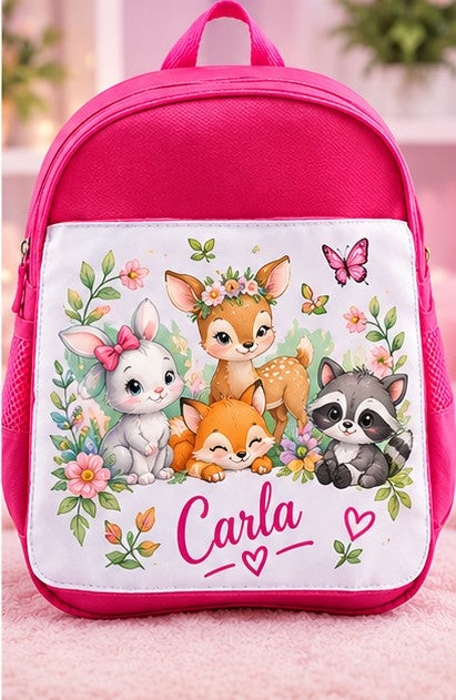 Ghiozdan roz personalizat cu nume – Căprioară, iepuraș, vulpiță și raton