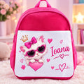 Ghiozdan roz personalizat cu nume – Pisicuță cu ochelari inimă și fundiță