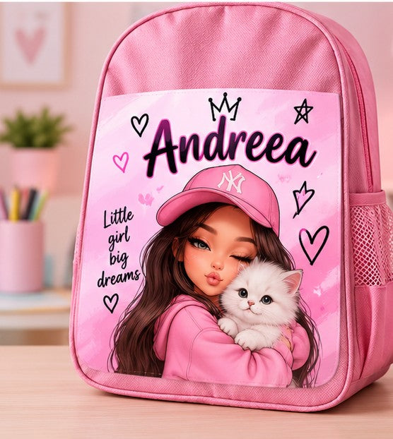 Ghiozdan roz personalizat cu nume – Fetiță cu pisicuță, Little girl big dreams