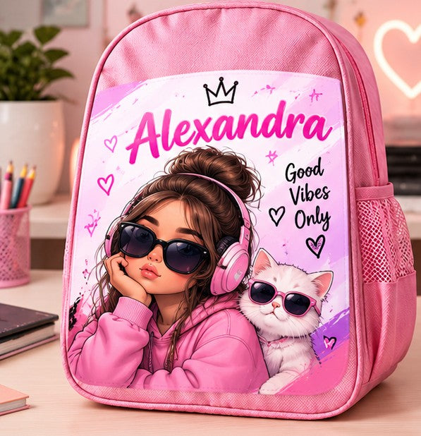 Ghiozdan roz personalizat cu nume – Fetiță cu pisicuță, Good Vibes Only