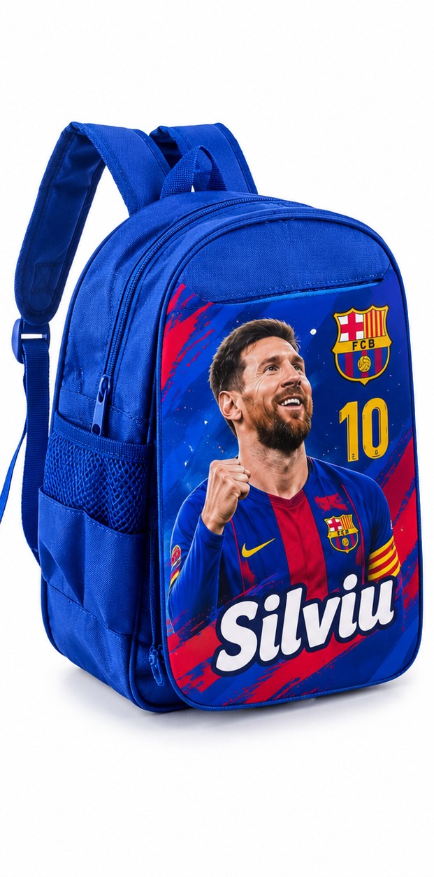 Ghiozdan albastru personalizat cu nume – Messi 10 în culorile Barcelonei