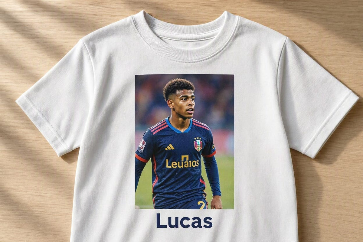 Tricou personalizat copii cu nume – Portret fotbalist în bleumarin, Lucas