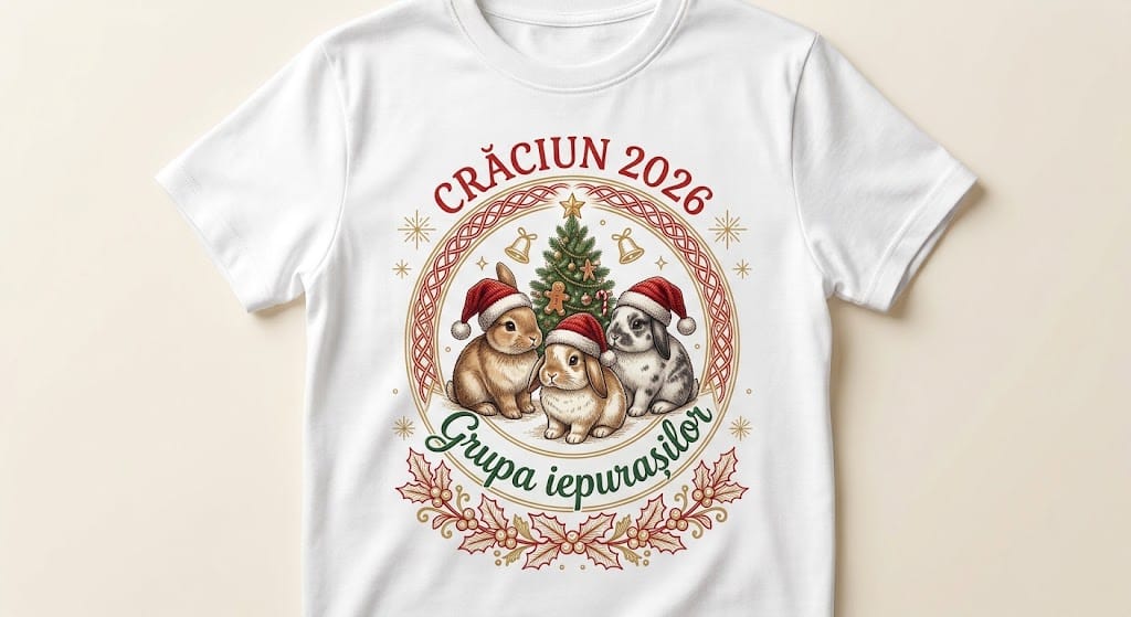 Tricou personalizat copii – Crăciun 2026, Grupa Iepurașilor, trei iepurași în ramă decorativă