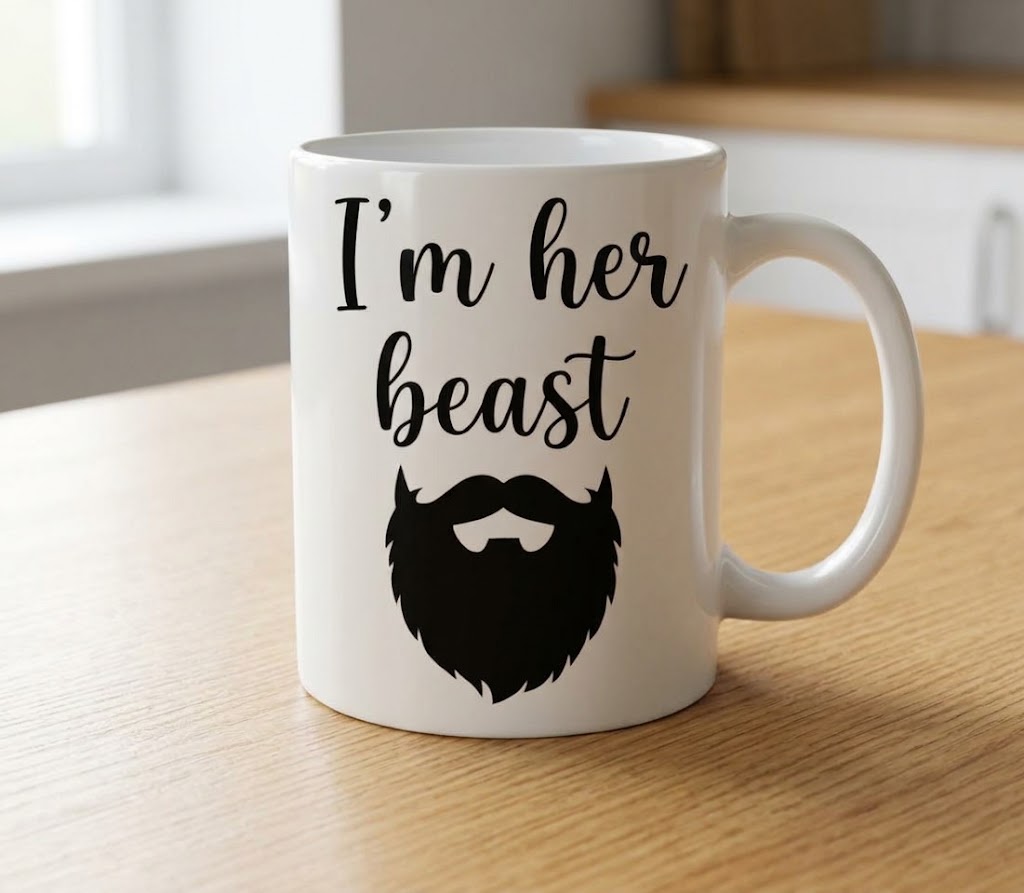 Cană pentru iubit sau soț – I'm her beast, barbă și mustață