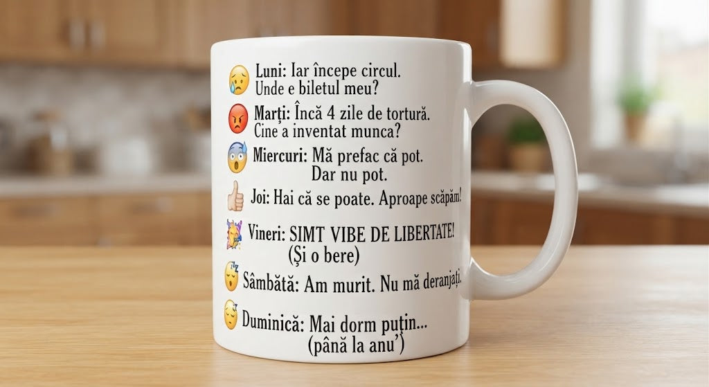 Cană amuzantă – Zilele săptămânii cu emoji, muncă și weekend