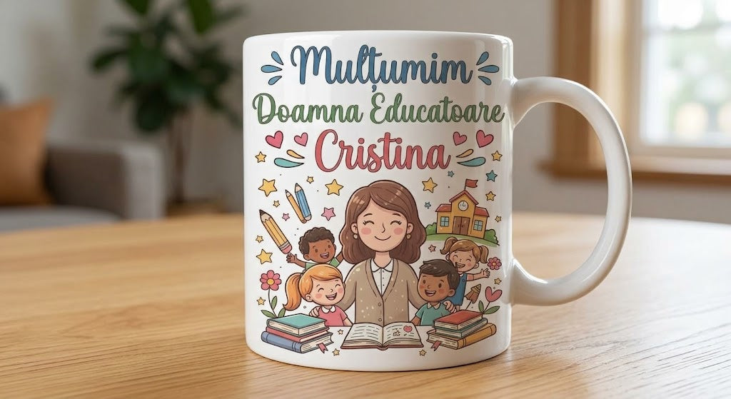 Cană pentru educatoare – Mulțumim, Doamna Educatoare Cristina