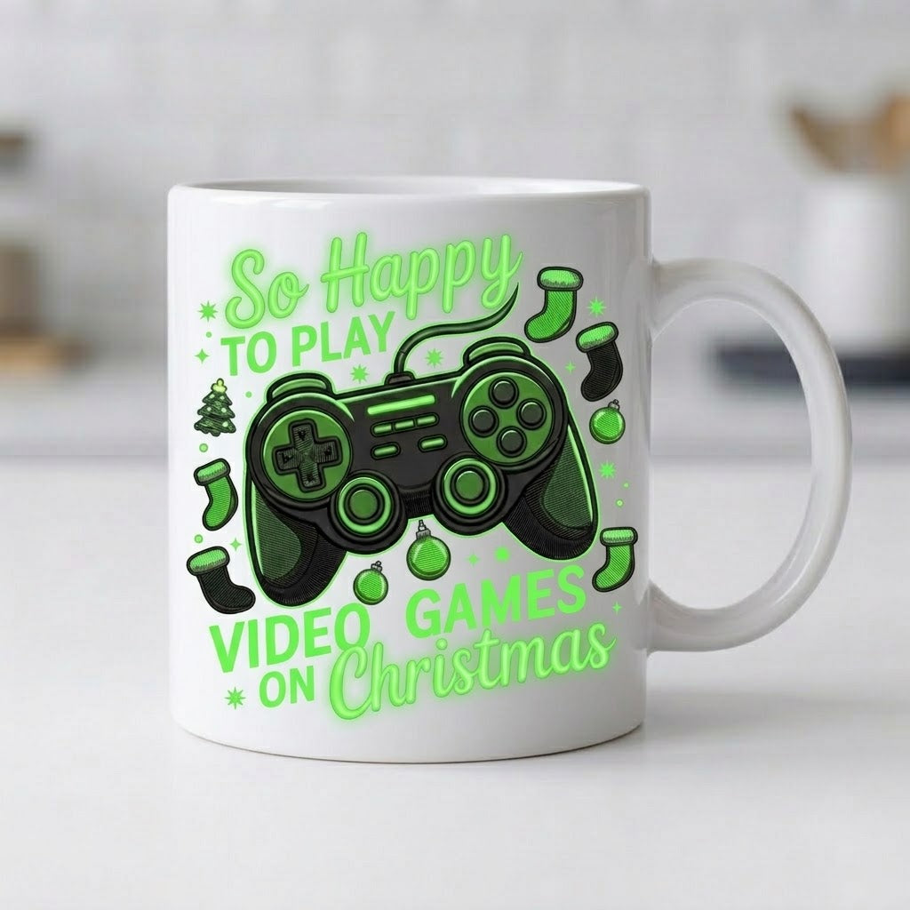 Cană de Crăciun pentru gameri – Controller verde, So Happy to Play