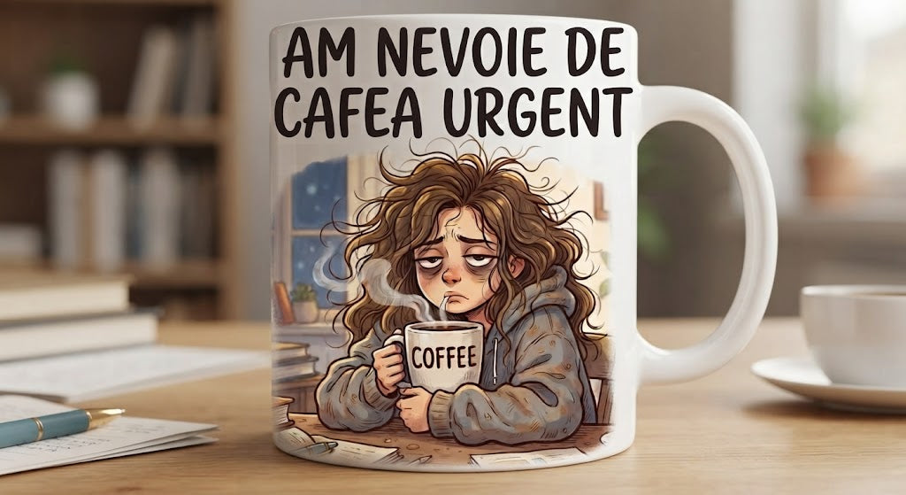 Cană amuzantă – Am nevoie de cafea urgent, fată somnoroasă
