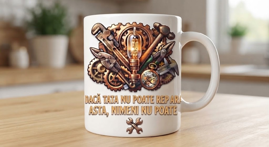 Cană pentru tată – Dacă tata nu poate repara, bec, clești și cadran