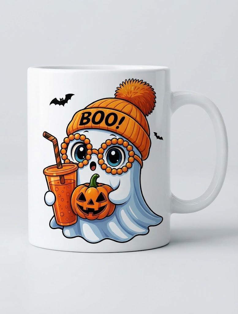 Cană Halloween – Fantomiță BOO cu căciulă și ochelari portocalii