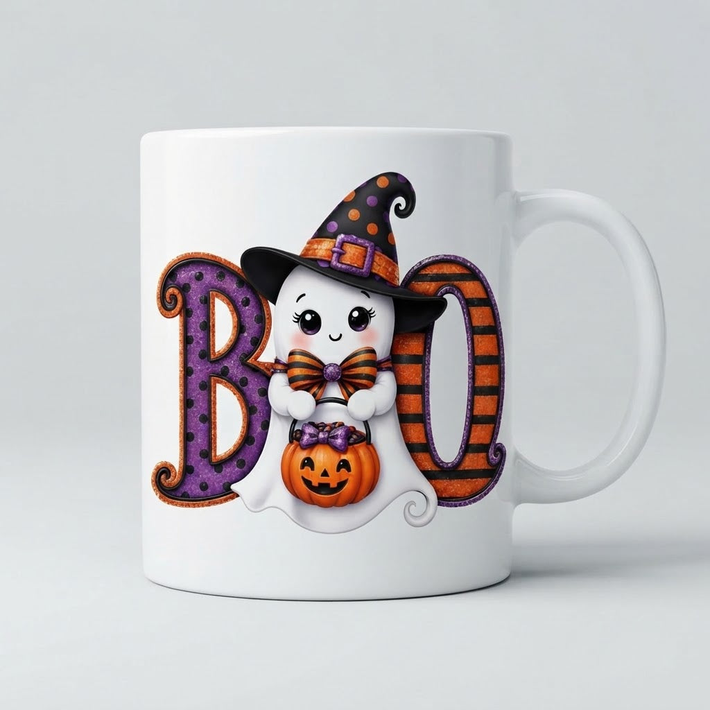 Cană Halloween – Fantomiță cu pălărie și dovleac