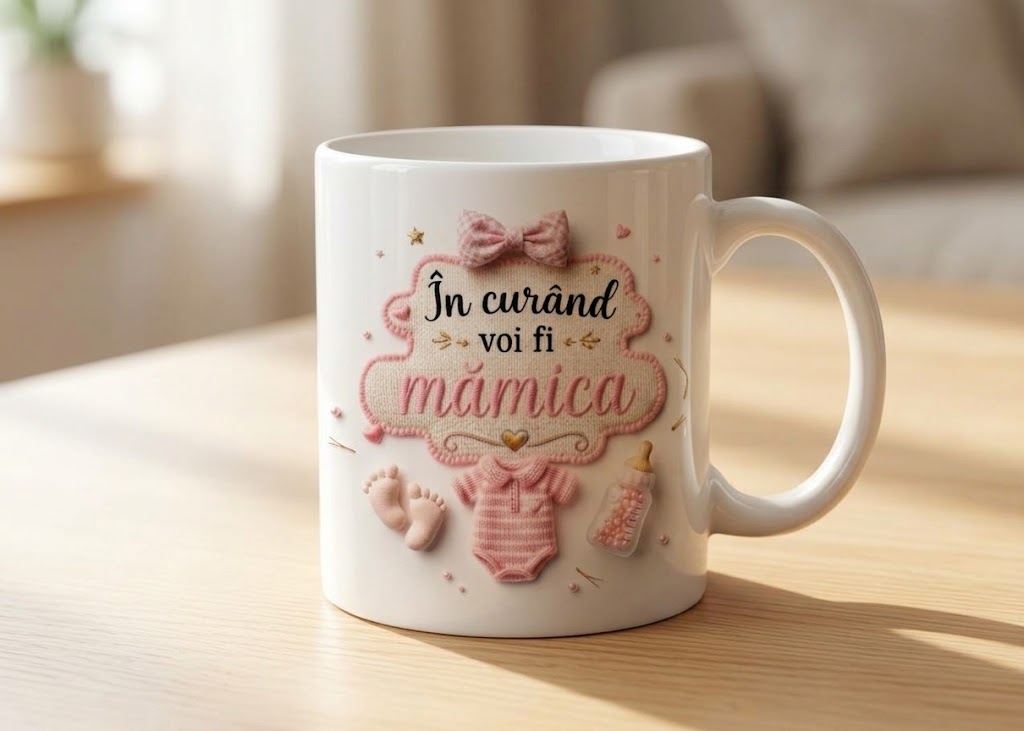 Cană pentru viitoare mamă – În curând voi fi mămică, chenar roz