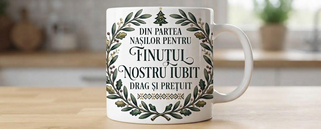 Cană pentru finuț – Din partea nașilor, coroniță verde și brăduț