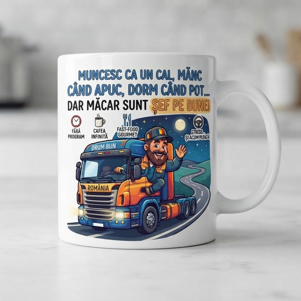 Cană pentru camionagiu – Muncesc ca un cal, dar sunt șef pe bune!