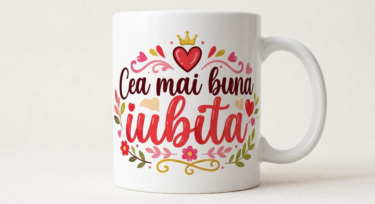 Cană pentru iubită – Cea mai bună iubită, cu flori și inimă încoronată
