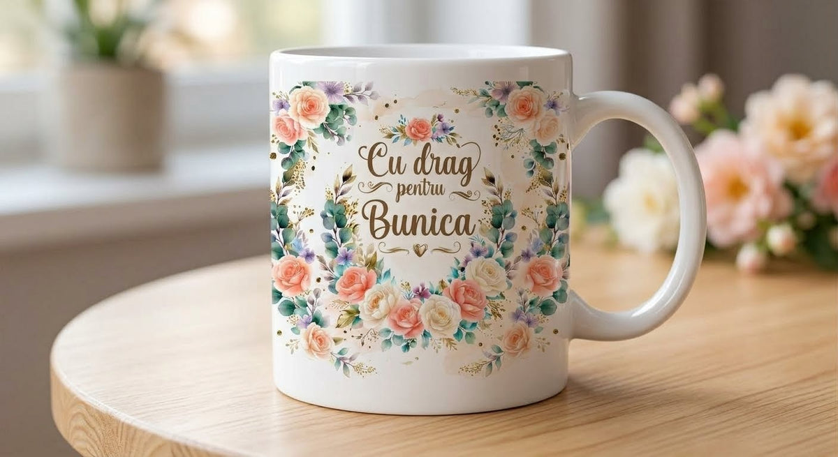 Cană pentru bunică – Cu drag pentru Bunica, trandafiri pastel