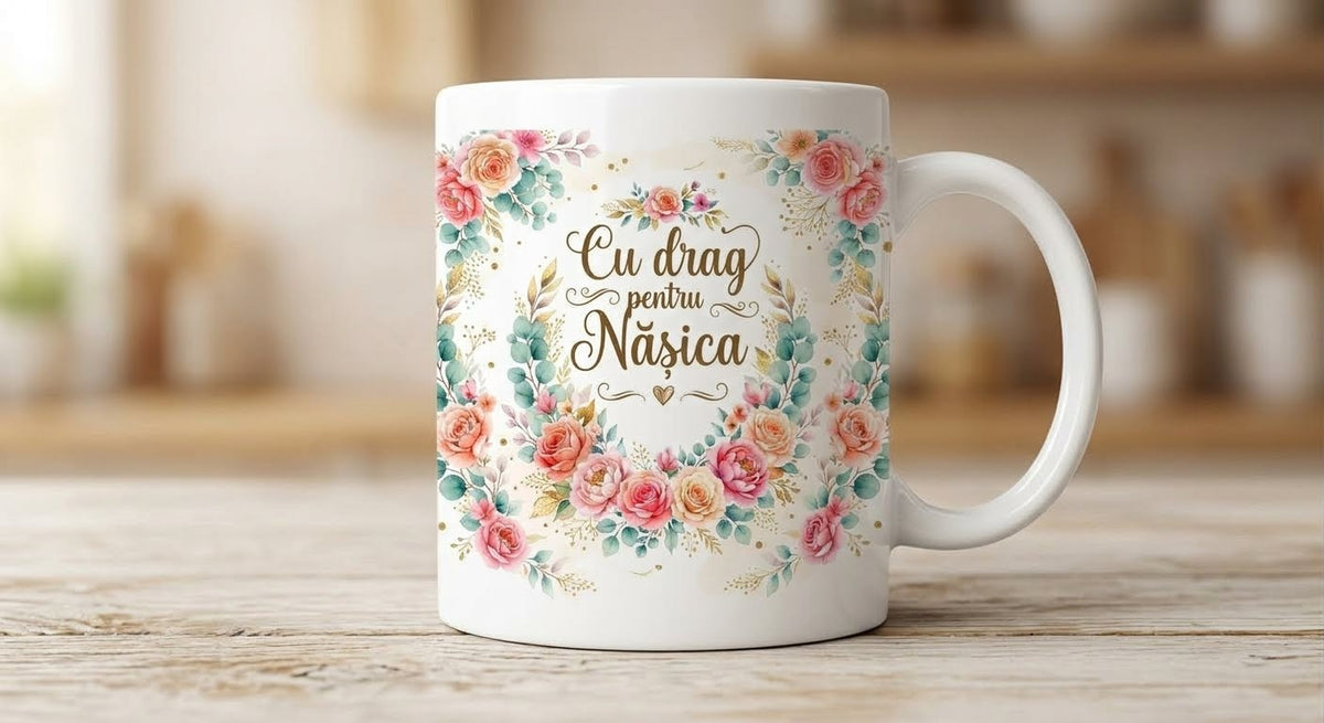 Cană pentru nașă – Cu drag pentru Nășica, design floral