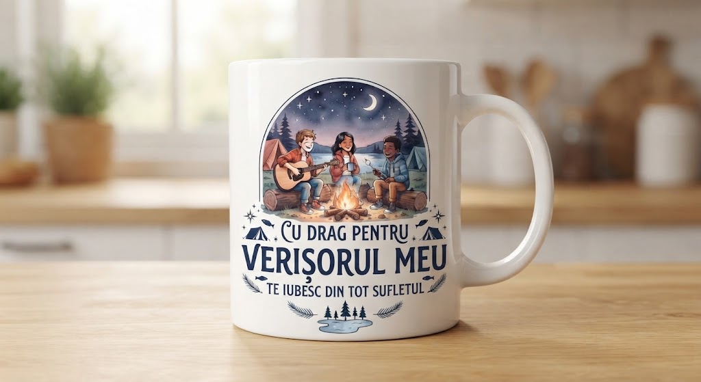 Cană pentru verișor – Cu drag, foc de tabără și chitară