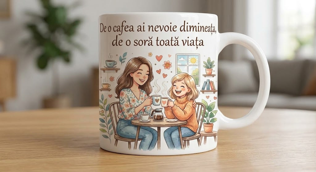 Cană pentru soră – De o cafea ai nevoie dimineața, două surori la masă