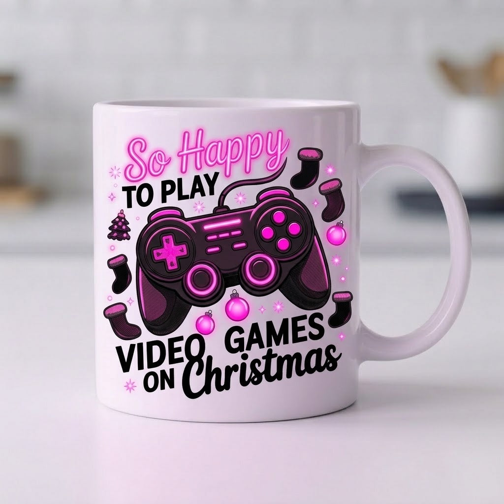 Cană de Crăciun pentru gameri – Controller roz, So Happy to Play