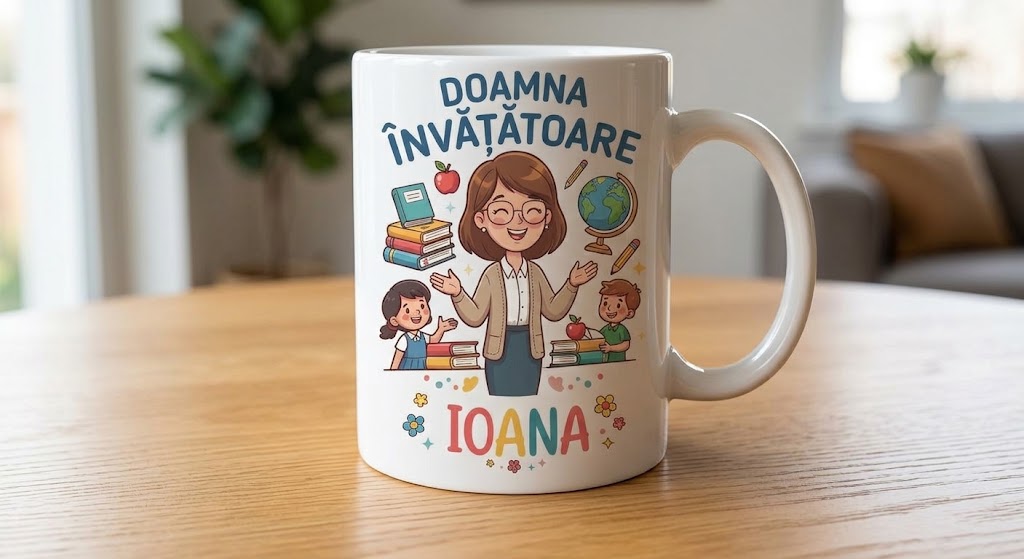 Cană pentru învățătoare – Doamna Învățătoare Ioana, elevi și cărți