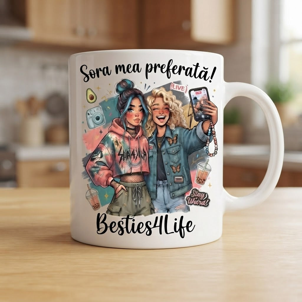 Cană Sora mea preferată! – Besties4Life, selfie cu două fete