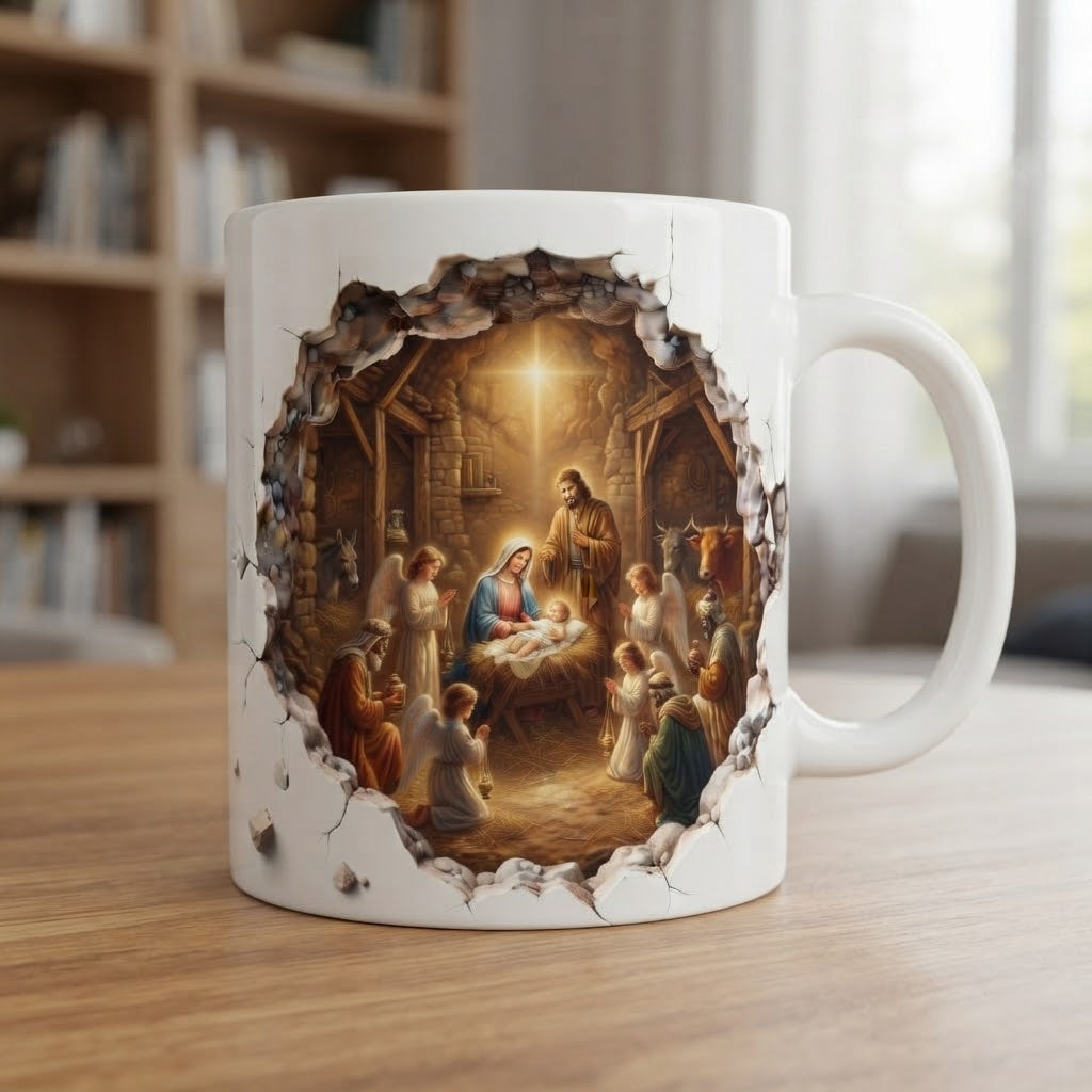 Cană religioasă – Nașterea lui Iisus, stea luminoasă și efect de zid spart
