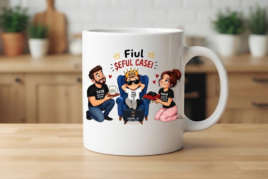 Cană Fiul – Șeful casei, băiețel în fotoliu albastru
