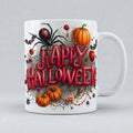 Cană Happy Halloween – Litere roșii, păianjen și dovleci