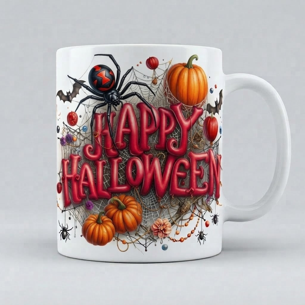 Cană Happy Halloween – Litere roșii, păianjen și dovleci