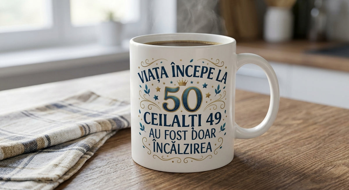 Cană aniversară – Viața începe la 50, coroană și ornamente